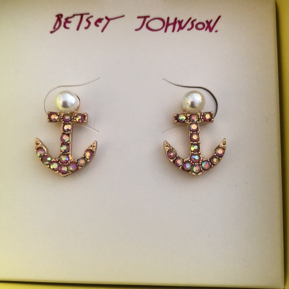 Betsey Johnson Gold Tone Cruise Control Anchor Stud Earrings Crystal Accents NIB - Picture 6 of 11